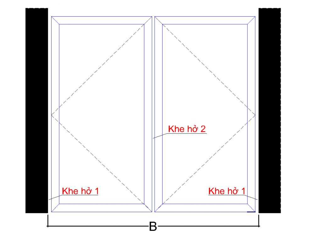 Sơ đồ cửa 2 cánh - B, Khe hở 1, Khe hở 2