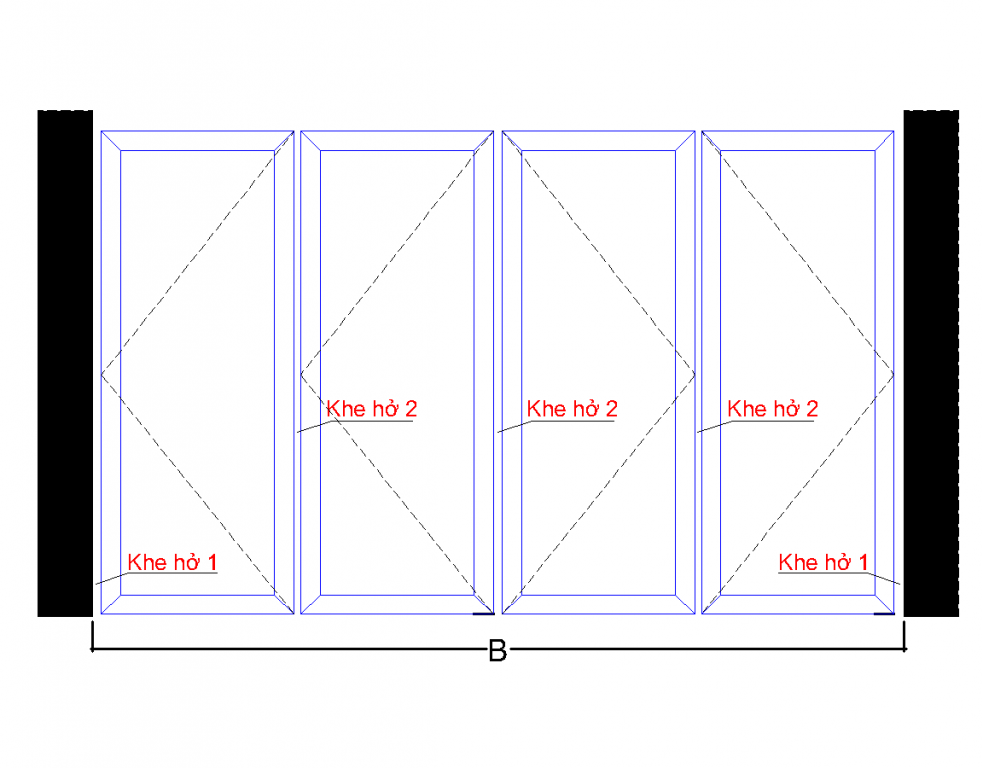Sơ đồ cửa 4 cánh đều - B, Khe hở 1, Khe hở 2
