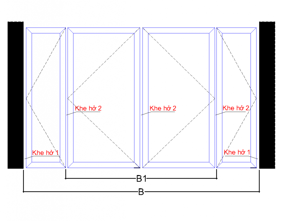Sơ đồ cửa 4 cánh lệch - B, B1, Khe hở 1, Khe hở 2